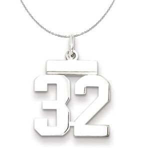 Silver, Athletic Collection, Small Polished Number 32 Necklace - 24 In